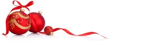 Red Christmas baubles with ribbon