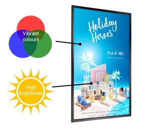 High Brightness Display labelled with 'vibrant colours' and 'high brightness'
