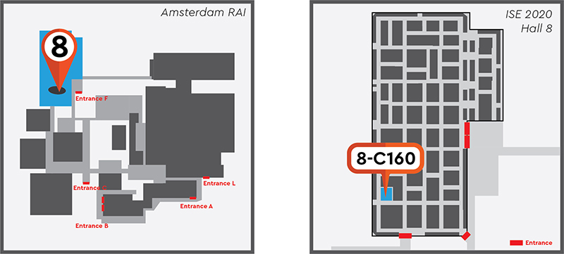Map of ISE 2020 showing location of Hall 8 and Stand 8-C160
