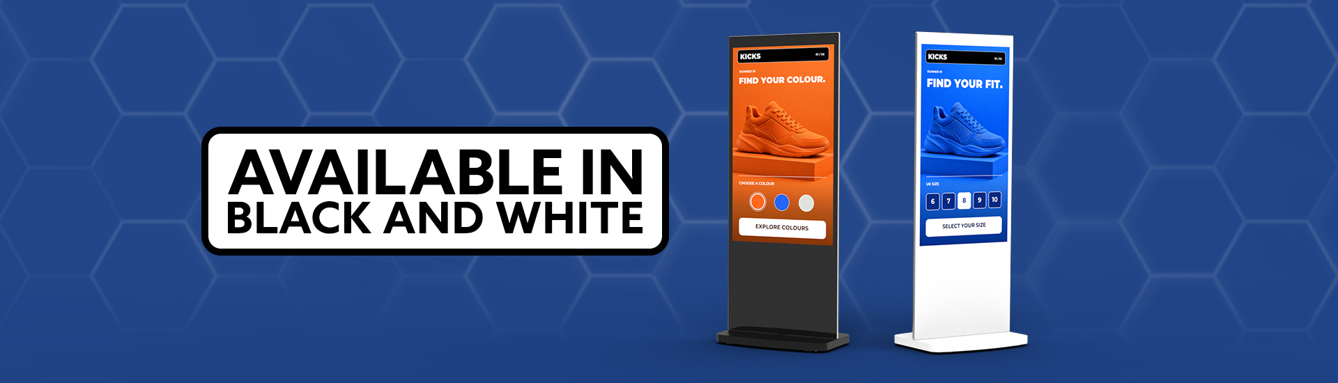 Freestanding touch screen kiosks available in black and white