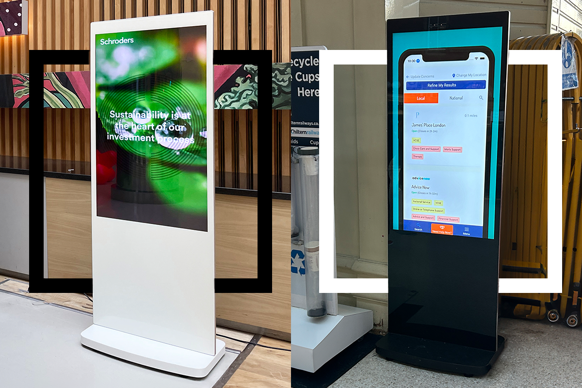 Slimline freestanding digital posters in black and white