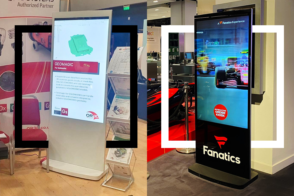 Freestanding touch screen kiosks in black and white